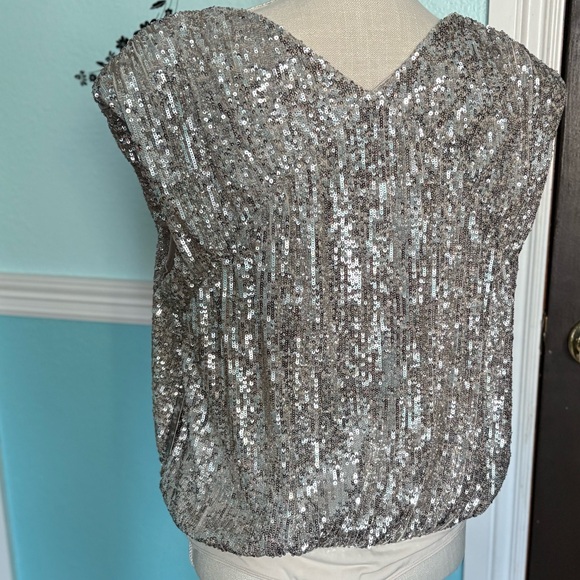 Express Silver Sequin V-Neck Wrap Bodysuit - Picture 7 of 13
